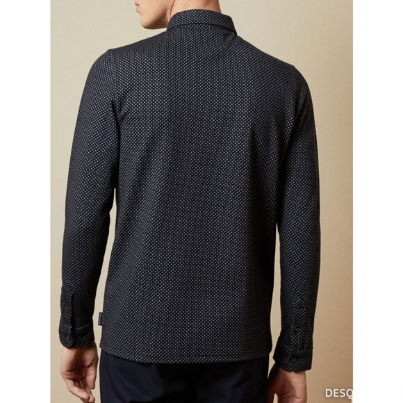 Ted Baker Men's Outof Micro Print Long Sleeve Polo Shirt Work Navy Blue 4 Large - Picture 2 of 9